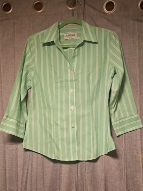 Orvis Mint Green and White Striped Button-Down Shirt